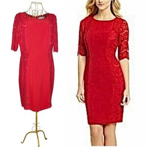 NWT Antonio Melani Red Lace Sheath Dress with Elbow Sleeves, Size Large (14)